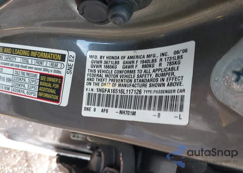 2006 Honda Civic Lx from USA, damaged, VIN 1HGFA16516L117126